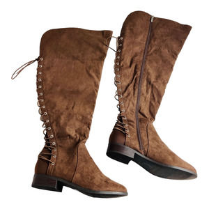 Womens Torrid Lace Up Flat Faux Leather Zipper Knee High Boots Brown 10.5WW NWOT